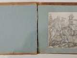 an old book with a drawing of a group of people in a field