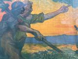 a painting of a man with a gun and a man with a backpack