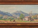 une peinture à l'huile représentant un paysage avec une maison au premier plan et des montagnes à l'arrière-plan