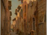 an oil painting of a street in an old town with buildings