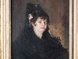 une peinture à l'huile représentant une femme vêtue d'une robe noire et d'un chapeau noir