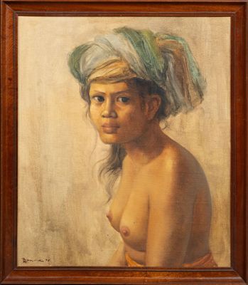 an oil painting of a woman with a turban on her head