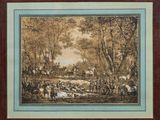 tableau représentant une scène boisée avec un groupe de personnes et d'animaux