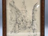 un dessin représentant une rue de la ville avec une tour horloge en arrière-plan
