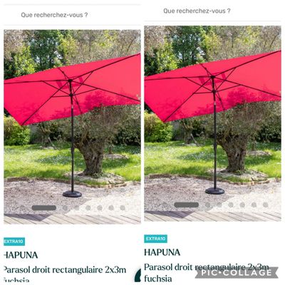 deux photos d'un parapluie rouge posé sur un plancher en bois