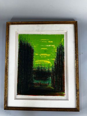 tableau représentant un paysage verdoyant avec des arbres, dans un cadre doré