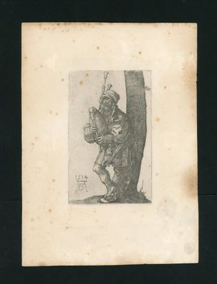 an old black and white drawing of a man playing a guitar