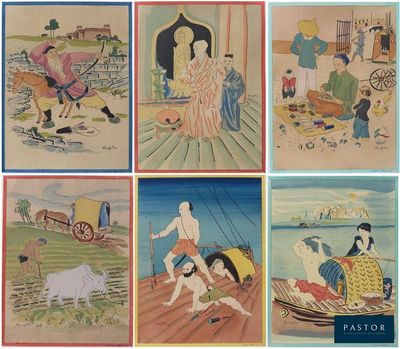 plusieurs tableaux représentant des personnes et des animaux à bord d'un bateau sur un plan d'eau