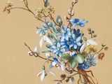 painting of a bouquet of blue flowers in a vase on a beige background