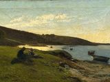 un tableau représentant un couple assis dans l'herbe au bord de l'eau
