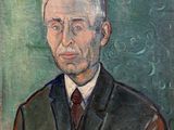 painting of a man in a suit and tie standing in front of a green background