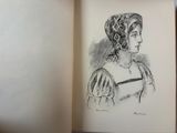 an open book with a drawing of a woman in a bonnet