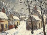 painting of a snowy street scene with a horse drawn carriage in the foreground