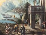 a painting on the wall of a building with people and horses