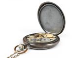 a silver pocket watch with a chain on a white background