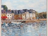 une peinture à l'huile d'une scène portuaire avec des bateaux dans l'eau