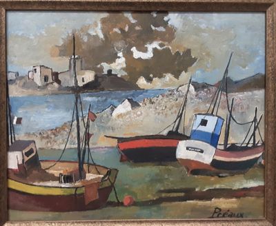 une peinture de bateaux dans l'eau sur la plage