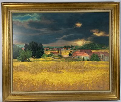 an oil painting of a field of wheat with a house in the distance