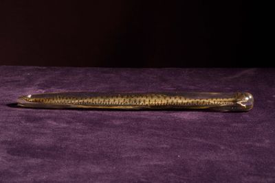 un stylo de couleur dorée posé sur une surface violette