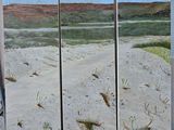 trois tableaux représentant une scène de plage avec du sable, de l'herbe et une clôture