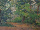 an oil painting of a forest scene with trees and a path