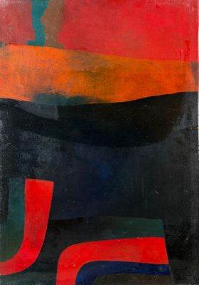 une peinture abstraite aux couleurs rouge, noir et bleu