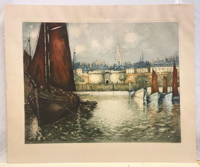 an image of a painting of boats in a harbor with a cityscape in the background