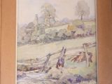 aquarelle encadrée représentant une scène fluviale avec du bétail au loin