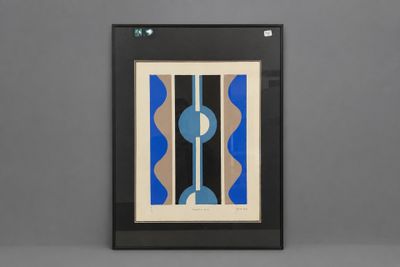 a black frame with a blue and white painting hanging on a wall