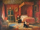 tableau représentant une femme assise dans une chambre à coucher où se trouvent un lit et une chaise