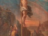 an old painting of jesus on the cross with a woman kneeling next to him