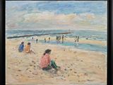 painting of a beach scene with people sitting on the sand and in the water