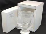 a glass cup with a bird inside of it in a box