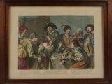 an old picture of a group of people sitting around a table