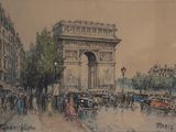 drawing of a drawing of a street scene with people and cars