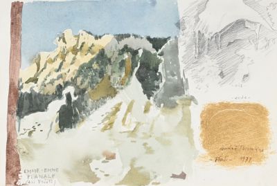 un dessin représentant une montagne avec un chat au premier plan
