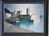 a painting of a harbor scene with boats in the water