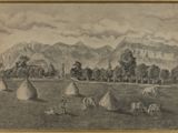 an old drawing of a farm scene with cows and hay