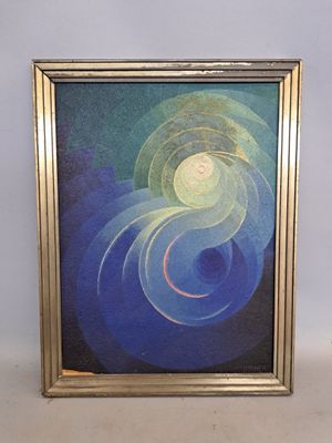 tableau représentant un tourbillon bleu et jaune dans un cadre doré, sur fond blanc