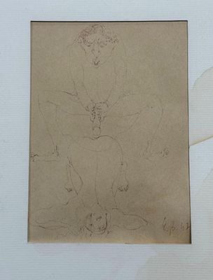 dessin représentant une femme assise sur une chaise, avec un chien sur ses genoux