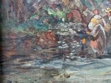 painting of a group of people crossing a stream in a wooded area