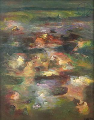 a painting of a painting of water lillies in a pond