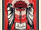 a red and black poster with two women holding a flower and a book