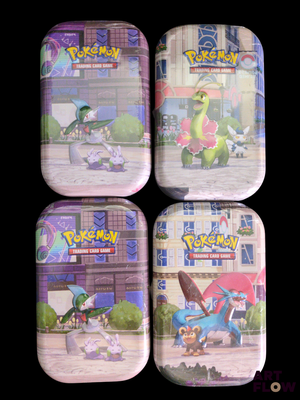 trois boîtes ornées de personnages Pokémon posées devant un immeuble