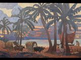 a picture of a painting of a man riding a horse and cart