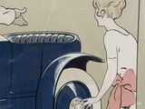 a picture of a woman and a man standing next to an old car