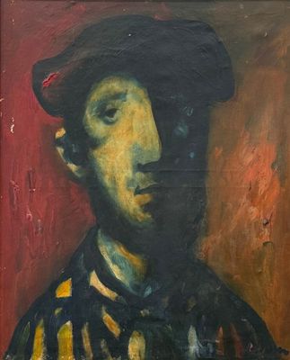 tableau représentant un homme portant un chapeau et une chemise rayée