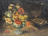 a painting of flowers in a vase on a table