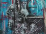 painting of a group of skulls in a window with a blue background