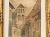 l'image d'une peinture représentant un bâtiment avec une tour d'horloge en arrière-plan